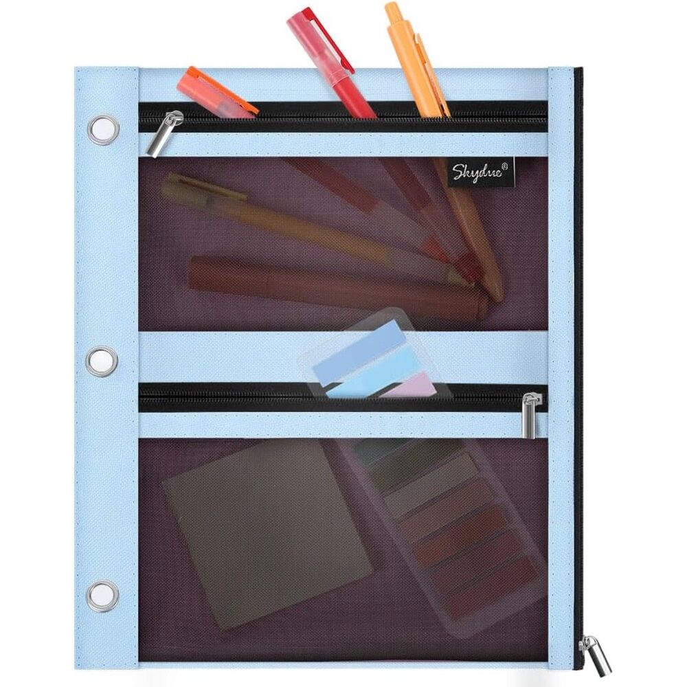 SKYDUE Pencil Pouch for 3 Ring Binder, 3 Pockets and Mesh Window